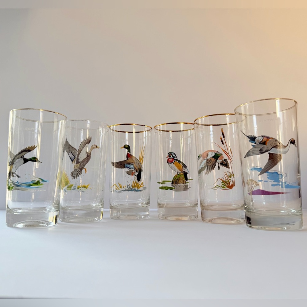 NED SMITH Highball 12 oz Glass Set (6) Gold Rim Vintage MCM Waterfowl Bird